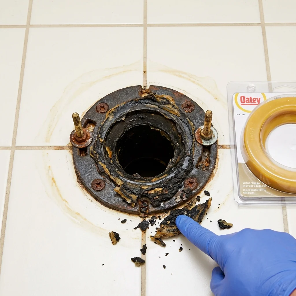 Failed wax ring showing water seepage at the base of a toilet in a Marshall, MI home