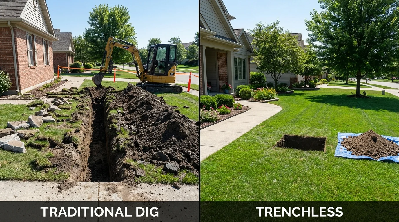 Trenchless sewer repair with minimal yard damage versus traditional excavation in Marshall, MI